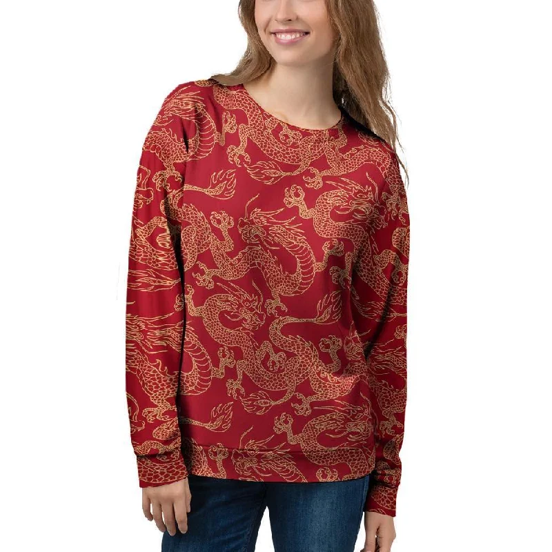 Red Oriental Chinese Dragon Women's Sweatshirt Hoodie with Distressed Vintage Worn