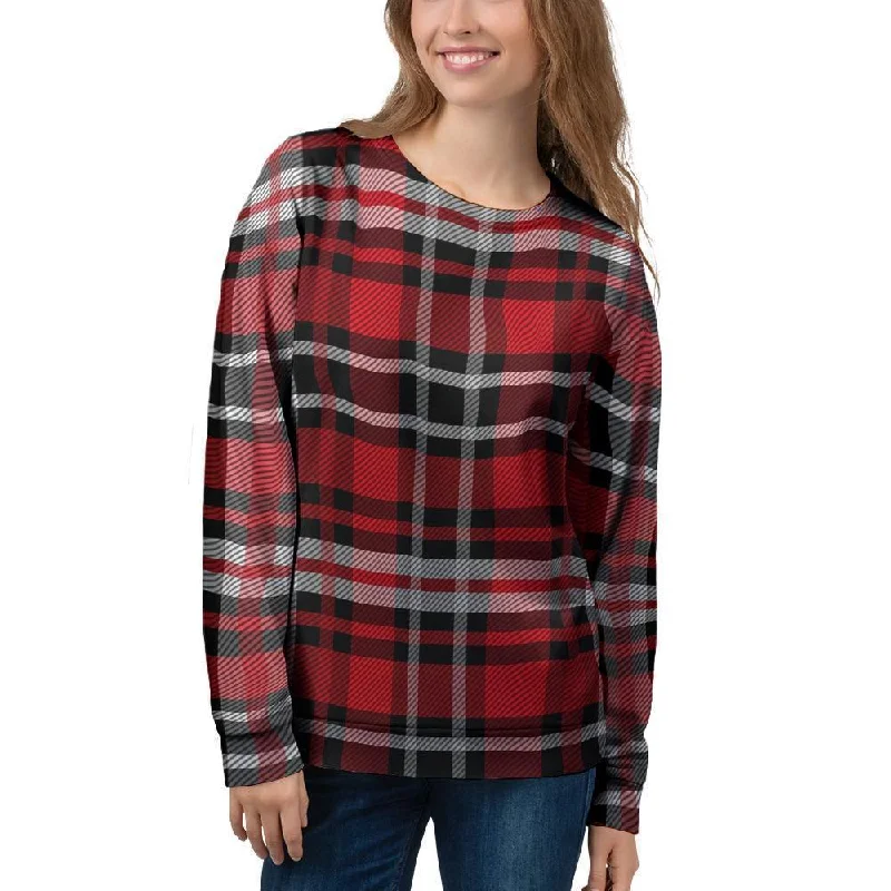 Red Plaid Tartan Print Women's Sweatshirt Hoodie with Tie-Dye Psychedelic Retro