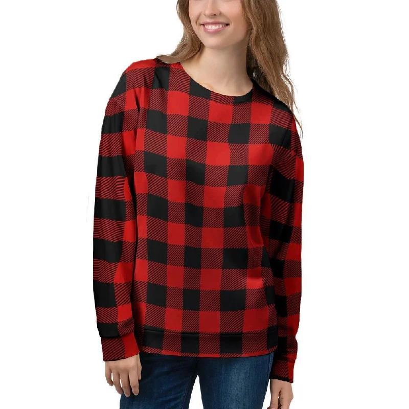 Red Plaid Women's Sweatshirt Hoodie with Monochrome Minimalist Simple