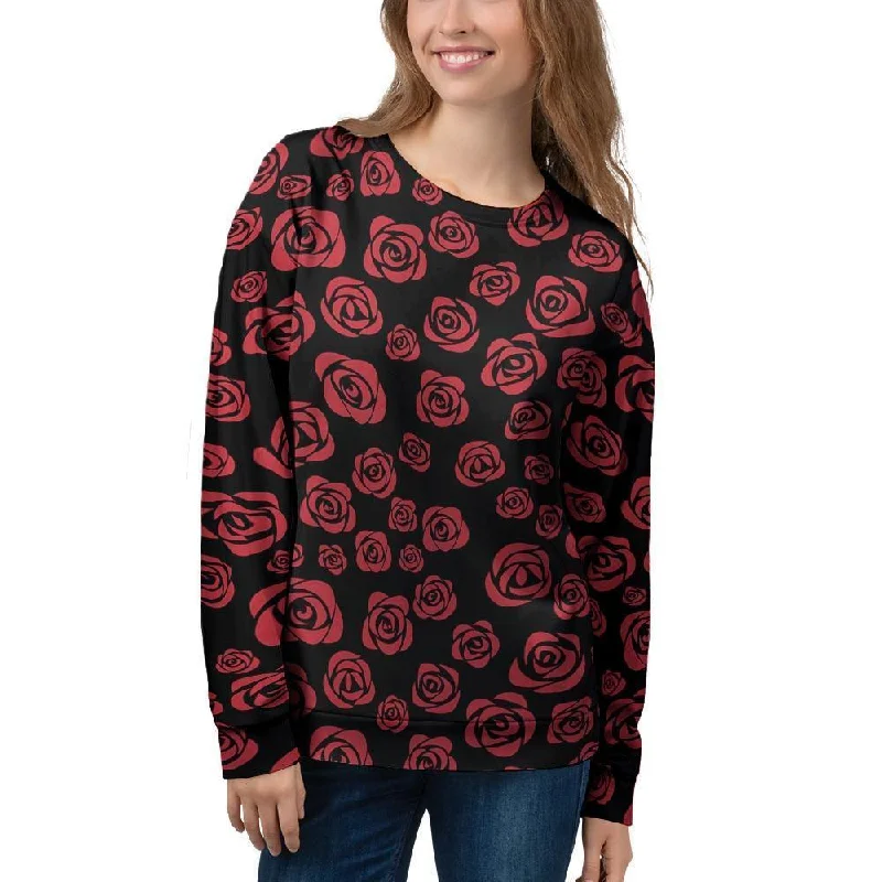 Red Rose Floral Doodle Women's Sweatshirt Hoodie with Stripes Bold Sporty