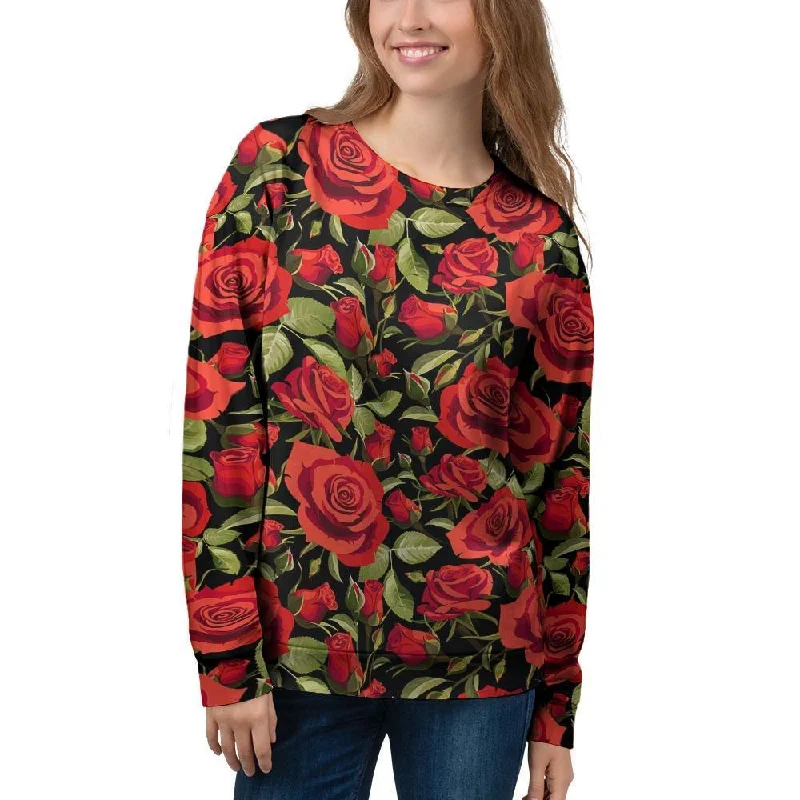 Red Rose Floral Women's Sweatshirt Hoodie with Lining Warm Insulated