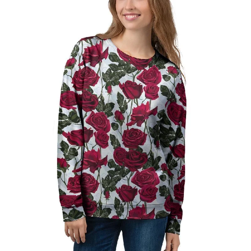 Red Rose Flower Print Women's Sweatshirt Hoodie with Ribbed Cuffs Snug Fit Comfort