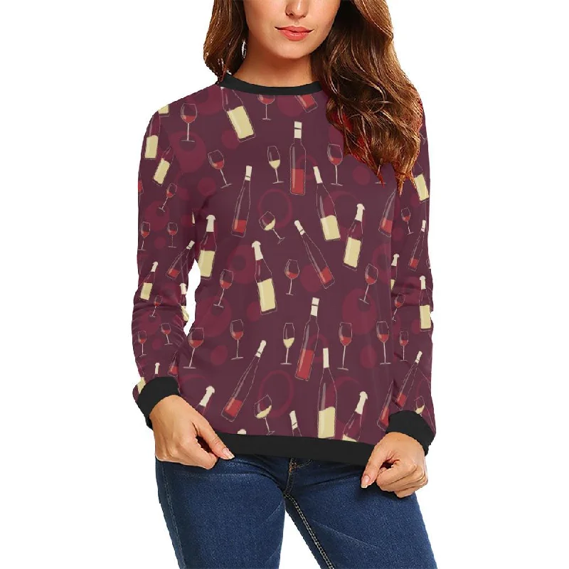 Red Wine Glass Bottle Print Pattern Women Crewneck Sweatshirt Hoodie with Lace Feminine Delicate