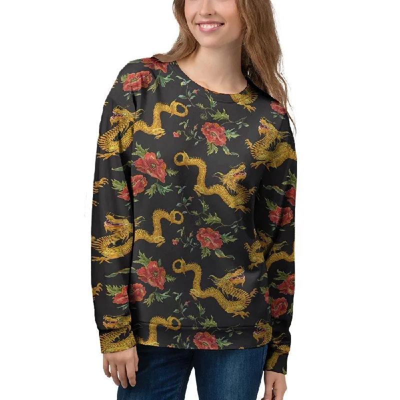 Rose Floral Golden Dragon Print Women's Sweatshirt Hoodie with Hem Ribbing Snug Secure