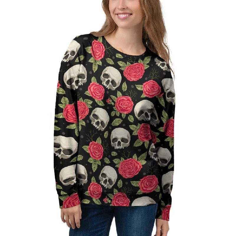 Rose Skull Women's Sweatshirt Hoodie with Slit Hem Functional Movement