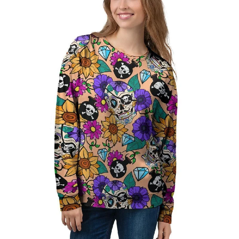 Sugar Skull Flower Women's Sweatshirt Hoodie with Hem Drawcord Adjustable Customizable