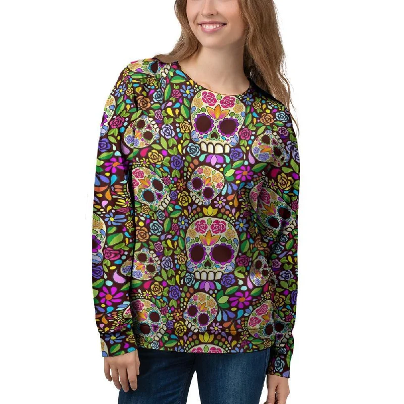 Sugar Skull Mexican Floral Women's Sweatshirt Hoodie with Side Slits Relaxed Casual