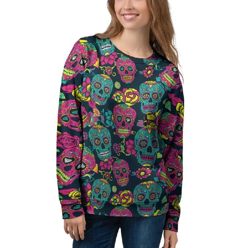 Sugar Skull Print Women's Sweatshirt Hoodie with Tied Waist Feminine Flattering