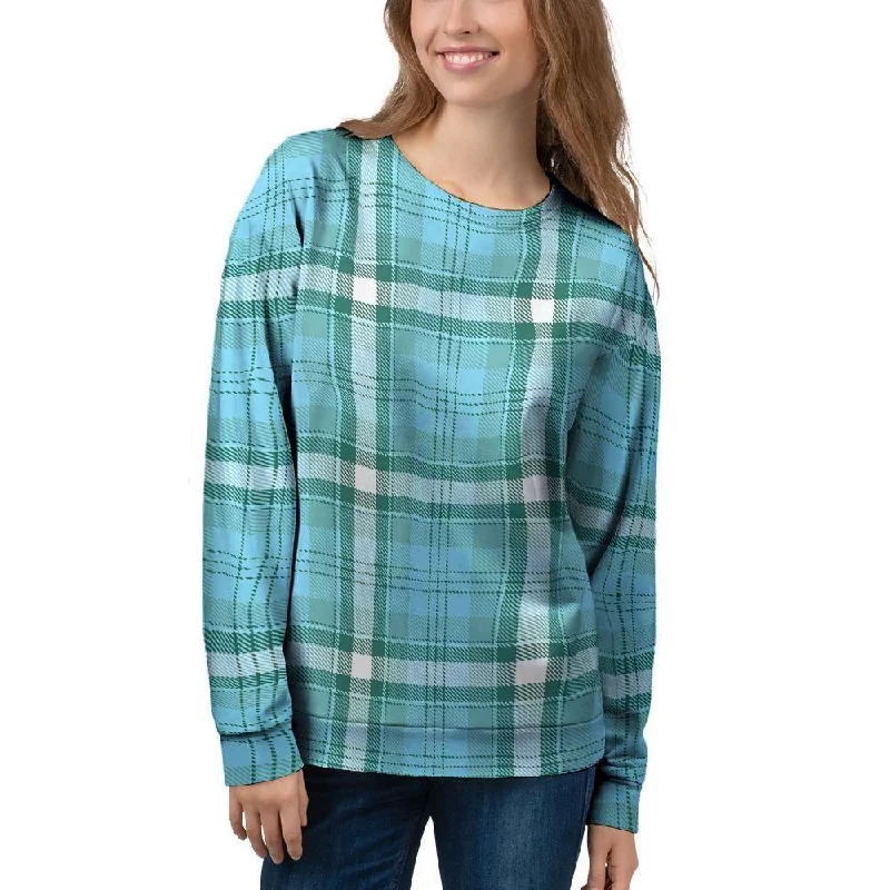 Tartan Aqua Blue Plaid Women's Sweatshirt Hoodie with Stripes Bold Sporty