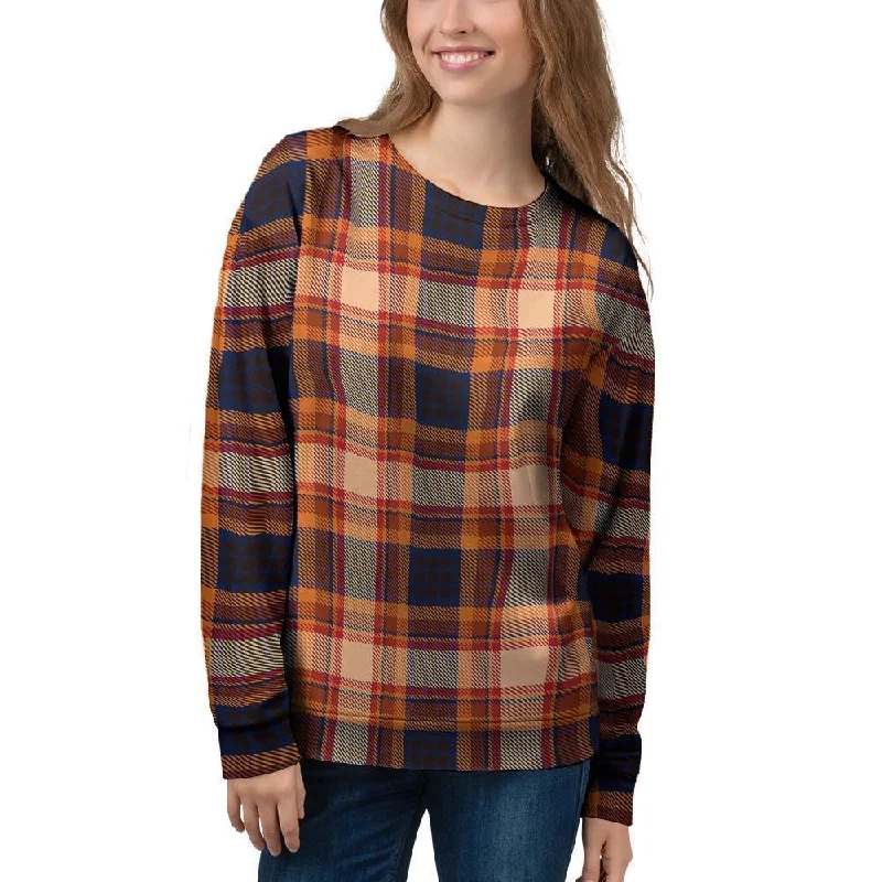 Tartan Brown Plaid Women's Sweatshirt Hoodie with Ribbed Cuffs Snug Fit Comfort