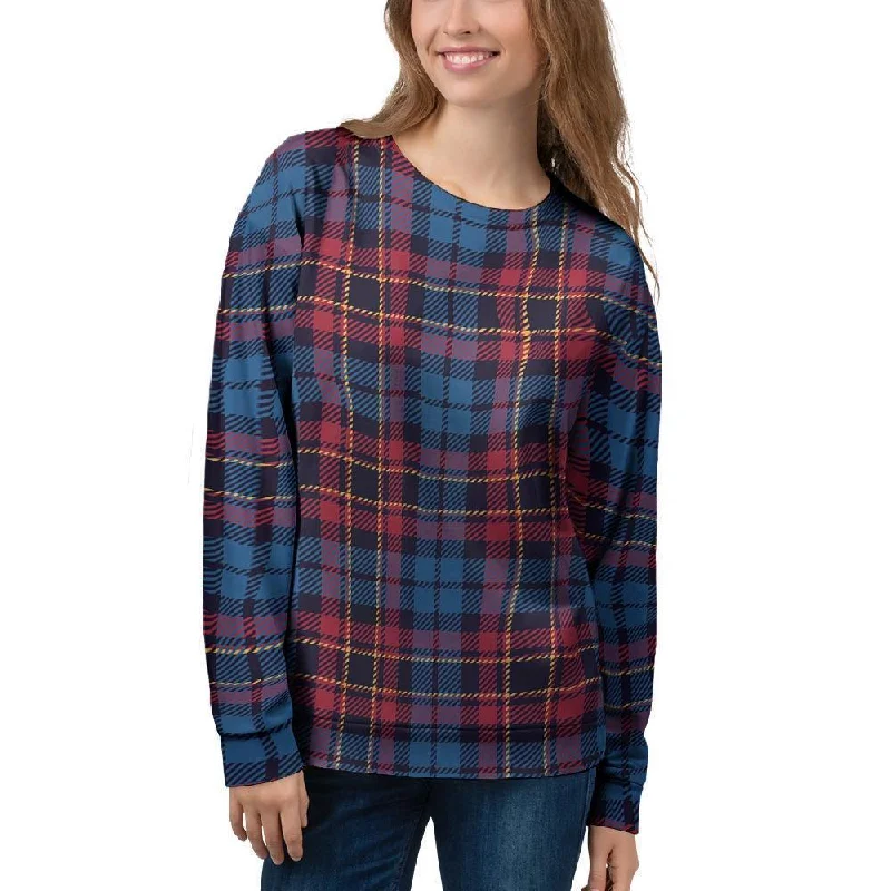 Tartan Red And Blue Plaid Women's Sweatshirt Hoodie with Hem Raw Edge Edgy Unfinished