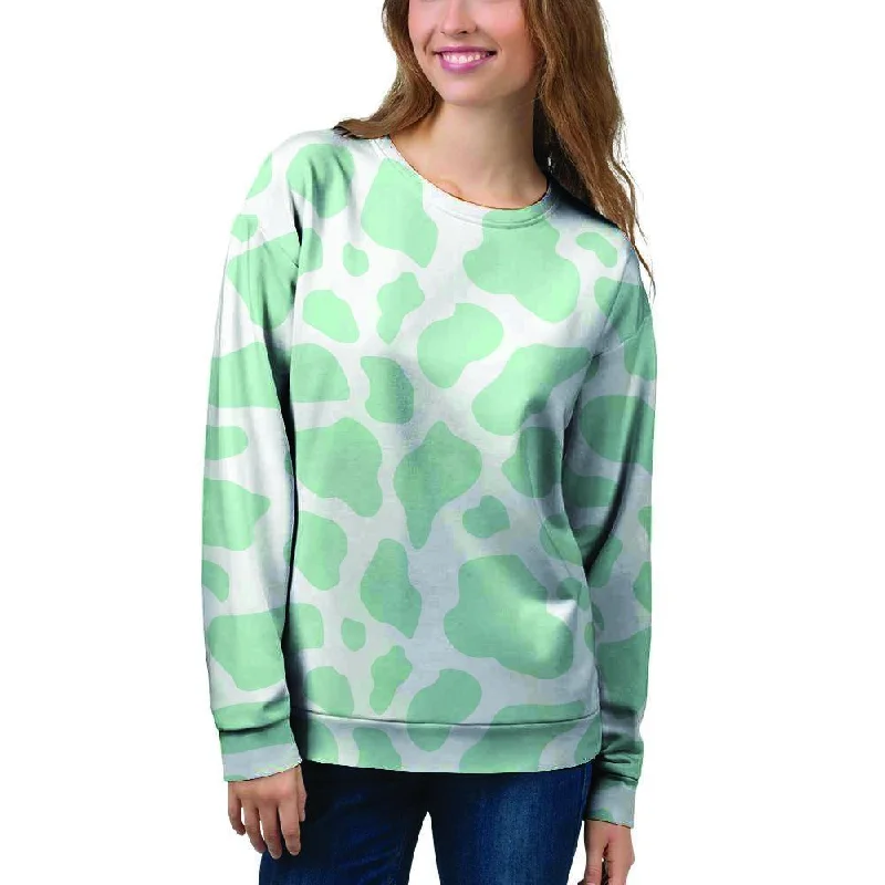 Teal And White Cow Print Women's Sweatshirt Hoodie with Hem Fringe Bohemian Relaxed