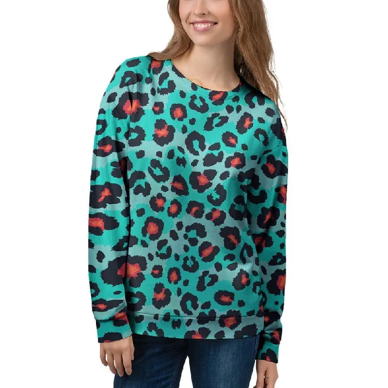 Teal Leopard Women's Sweatshirt Hoodie with Front Slit Layering Stylish