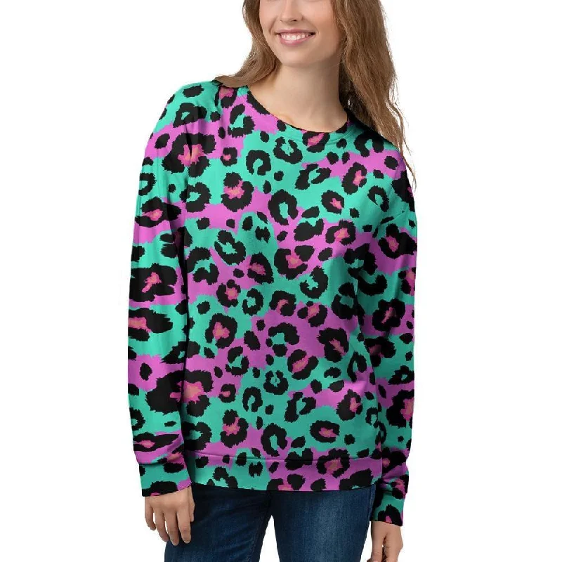 Teal Pink Leopard Women's Sweatshirt Hoodie with Elastic Waist Stretchable Comfortable