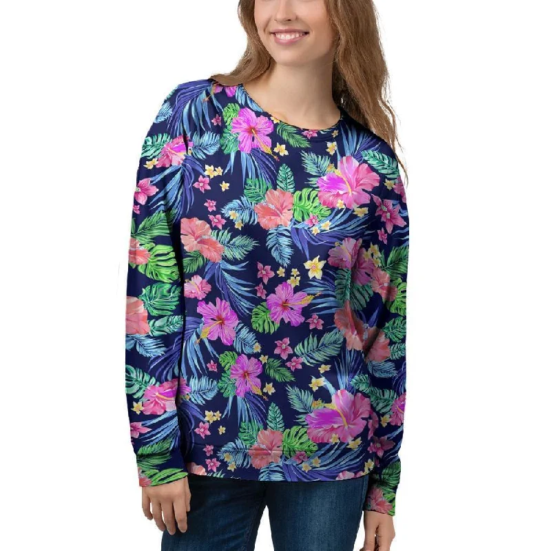 Tropical Exotic Flowers Hibiscus Hawaiian Print Women's Sweatshirt Hoodie with Fur Luxurious Winter