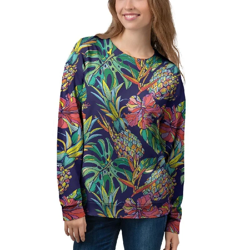 Tropical Floral Pineapple Print Women's Sweatshirt Hoodie with Embroidery Detailed Premium