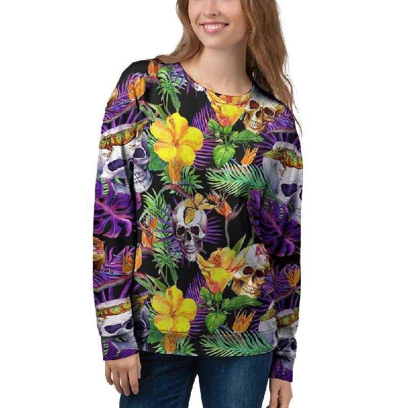 Tropical Hawaiian Skull Women's Sweatshirt Hoodie with Hem Frayed Vintage Worn