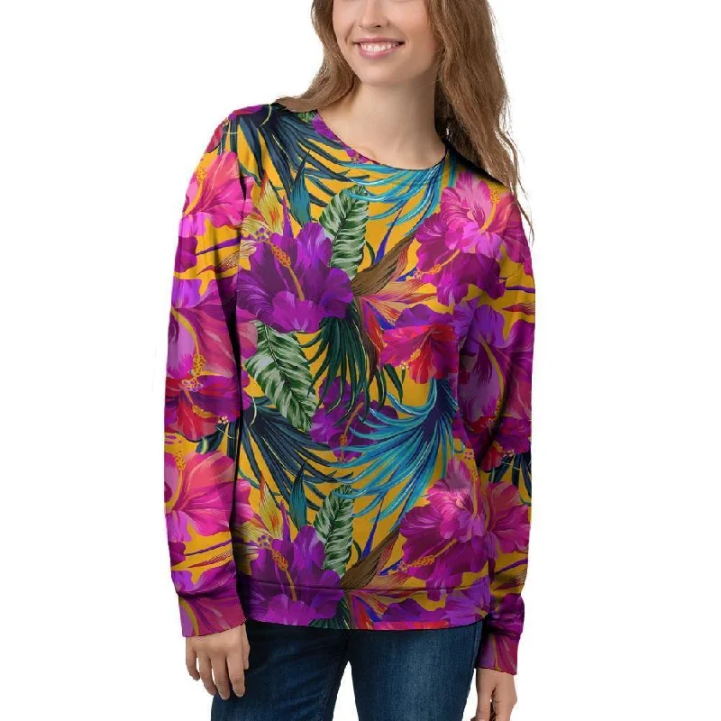 Tropical Hibiscus Flower Hawaiian Print Women's Sweatshirt Hoodie with Hem Lace Feminine Delicate