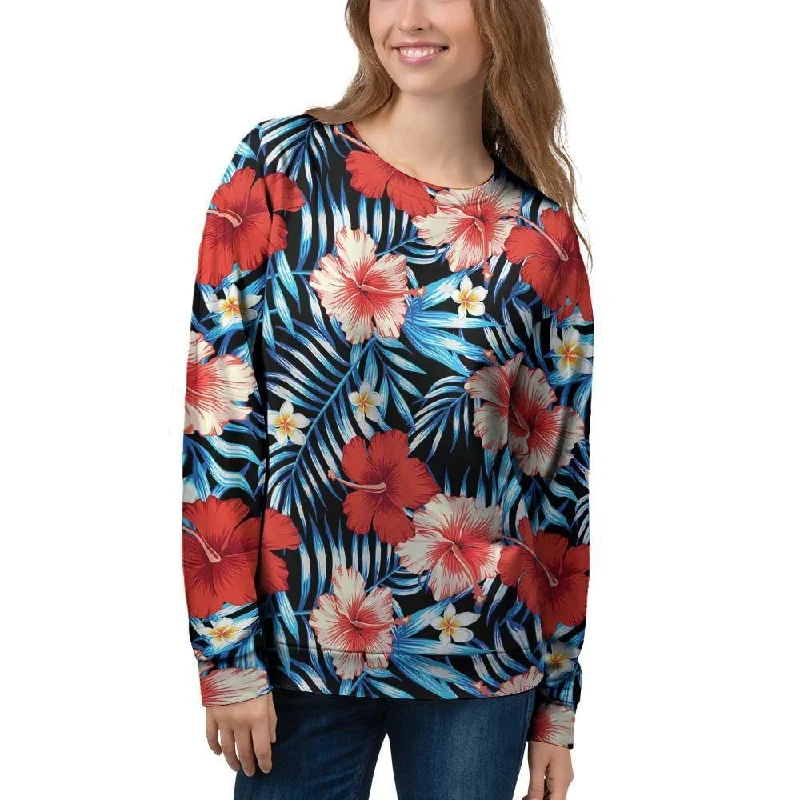 Tropical Hibiscus Flower Print Women's Sweatshirt Hoodie with Hem Elastic Stretchable Comfortable