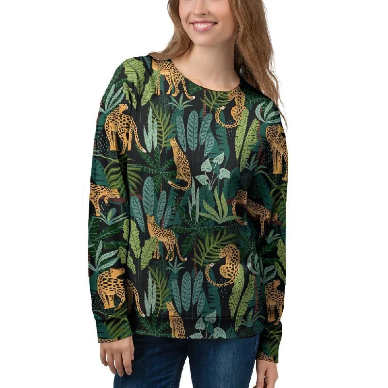 Tropical Leopard Hawaiian Print Women's Sweatshirt Hoodie with Slit Hem Functional Movement