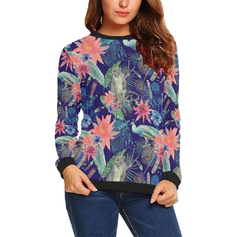 Tropical Monkey Print Pattern Women Crewneck Sweatshirt Hoodie with Hem Drawcord Adjustable Customizable