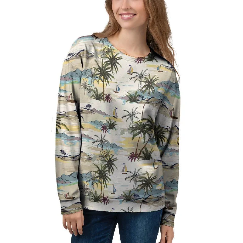 Tropical Palm Lead Island Print Women's Sweatshirt Hoodie with Belted Waist Structured Tailored