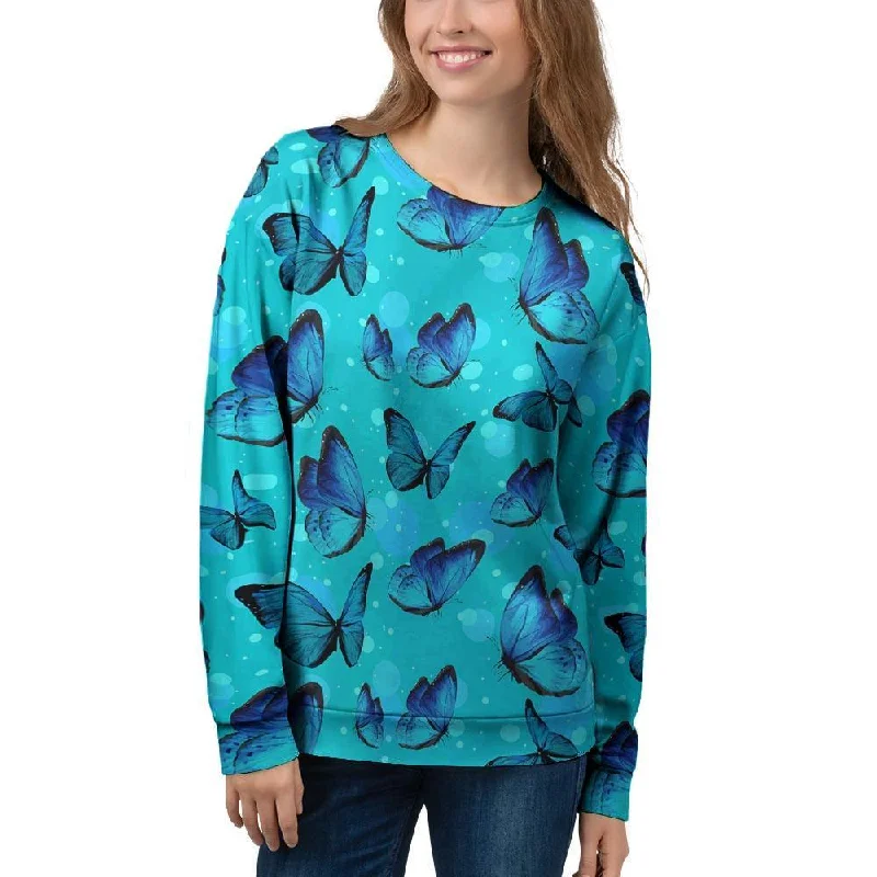 Turquoise Bubble Butterfly Print Women's Sweatshirt Hoodie with Zipper Placket Modern Functional