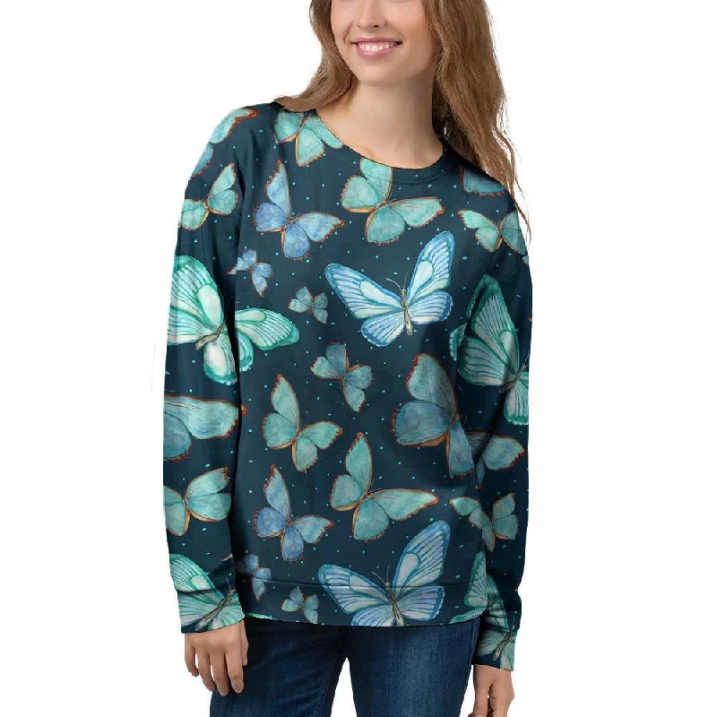 Turquoise Butterfly Print Women's Sweatshirt Hoodie with Mock Neck Collared Structured