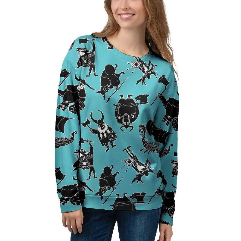 Viking Cartoon Silhouette Women's Sweatshirt Hoodie with Raw Hem Edgy Unfinished