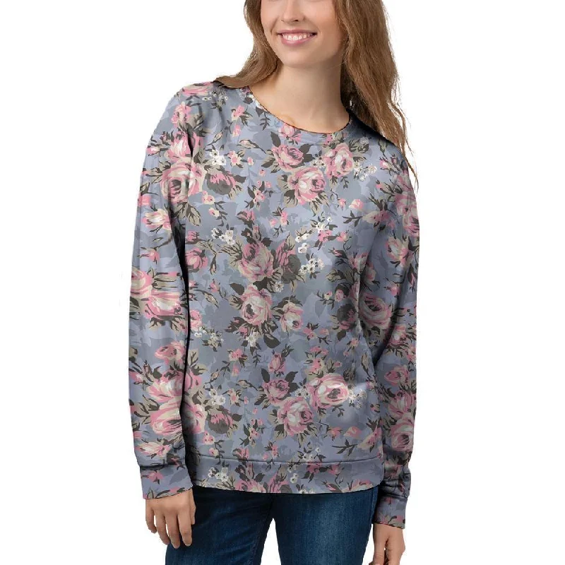 Vintage Pink Rose Flower Print Women's Sweatshirt Hoodie with Hem Contrast Bold Stylish