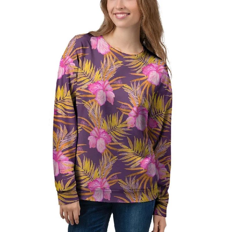 Watercolor Hibiscus Flower Hawaiian Print Women's Sweatshirt Hoodie with Snap Buttons Easy Quick