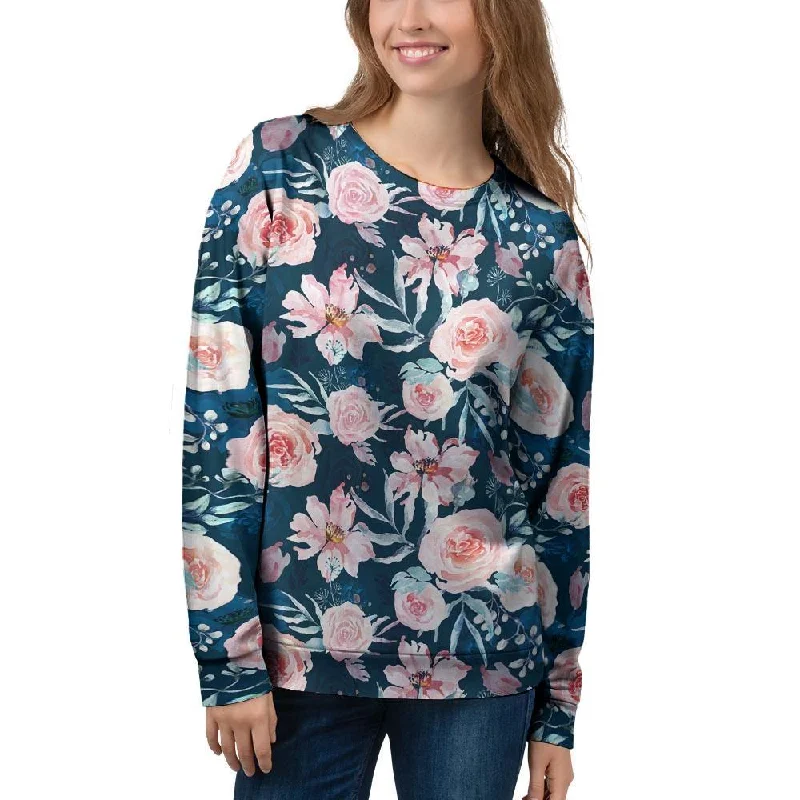 Watercolor Pink Rose Floral Women's Sweatshirt Hoodie with Zipper Placket Modern Functional