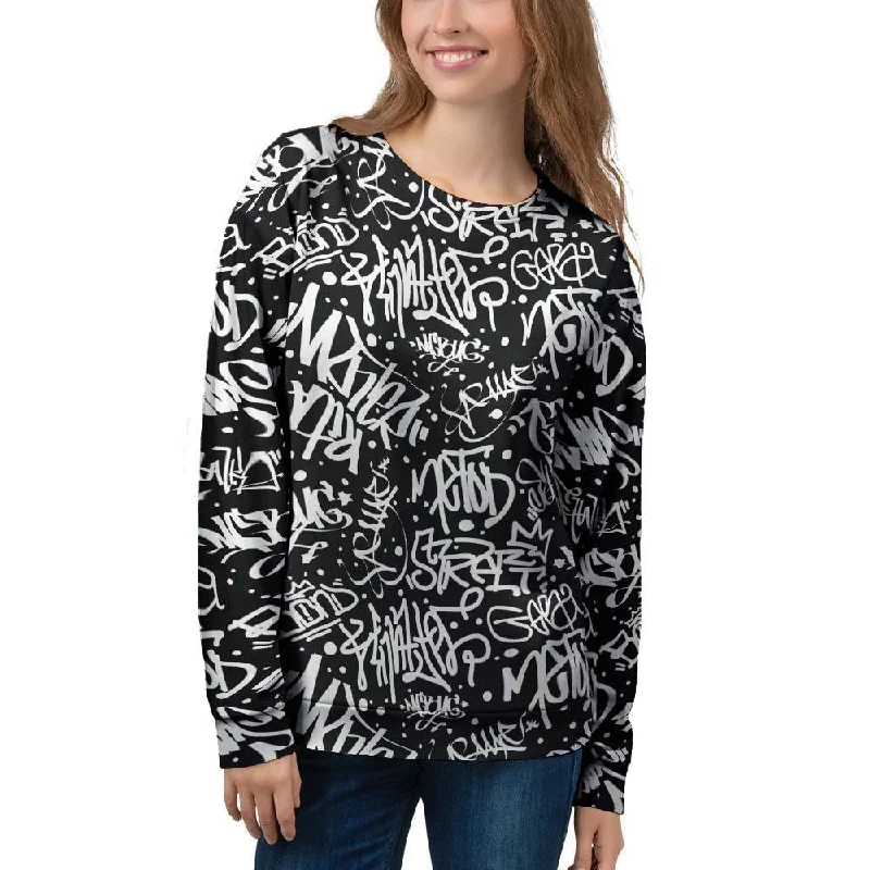 White And Black Graffiti Doodle Text Print Women's Sweatshirt Hoodie with V-Neck Classic Versatile