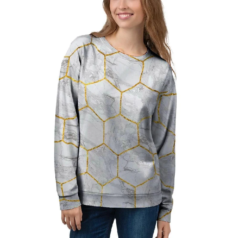 White Gold Tile Marble Women's Sweatshirt Hoodie with Lace Feminine Delicate