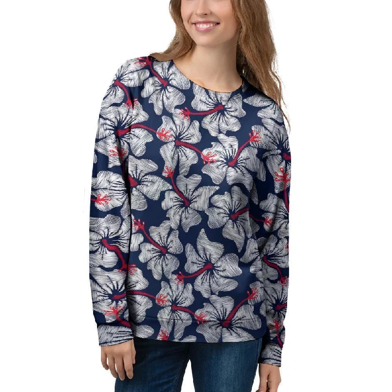 White Hibiscus Tropical Floral Hawaiian Print Women's Sweatshirt Hoodie with Applique Textured Unique