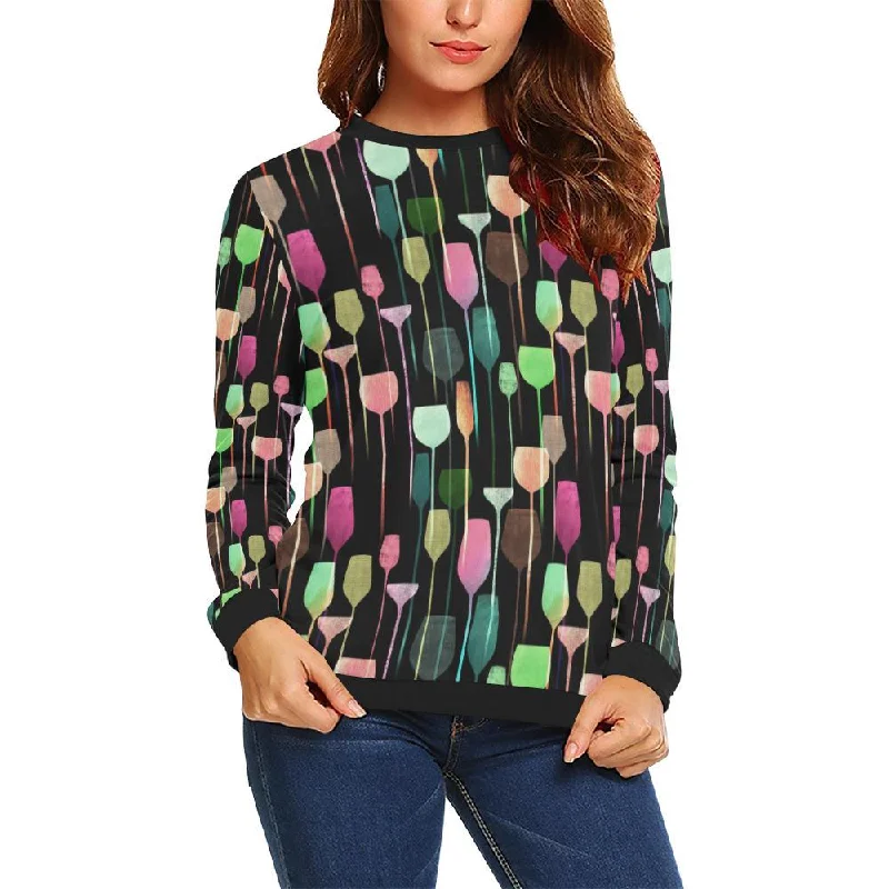 Wine Glass Pattern Print Women Crewneck Sweatshirt Hoodie with Snap Buttons Easy Quick