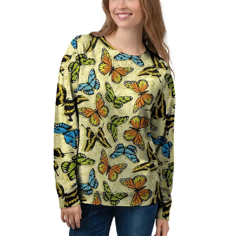 Yellow Butterfly Pattern Print Women's Sweatshirt Zip Hoodie Drawstring Kangaroo Pocket