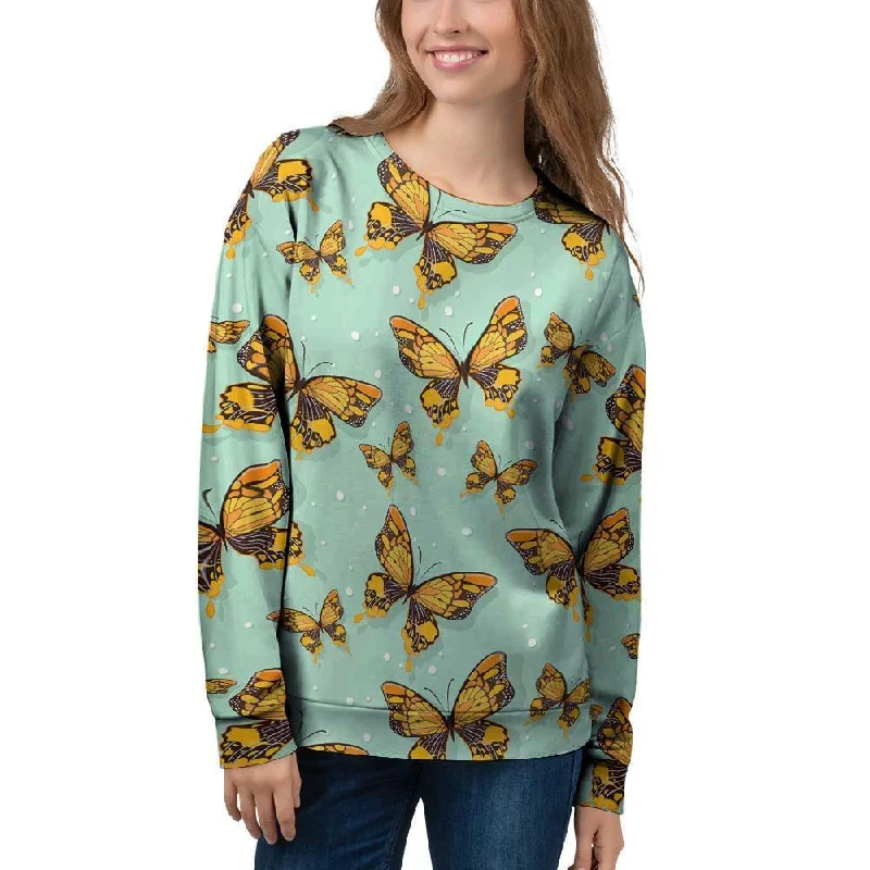 Yellow Butterfly Print Women's Sweatshirt Hoodie with Hem Frayed Vintage Worn