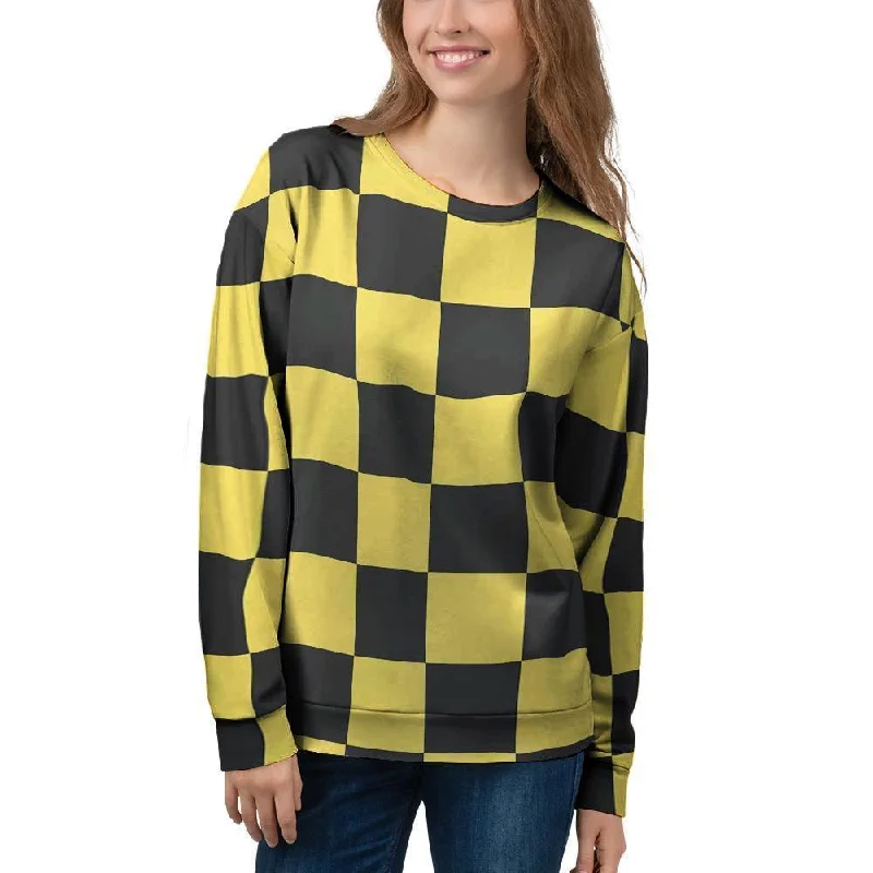 Yellow Checkered Print Women's Sweatshirt Hoodie with Hem Contrast Bold Stylish