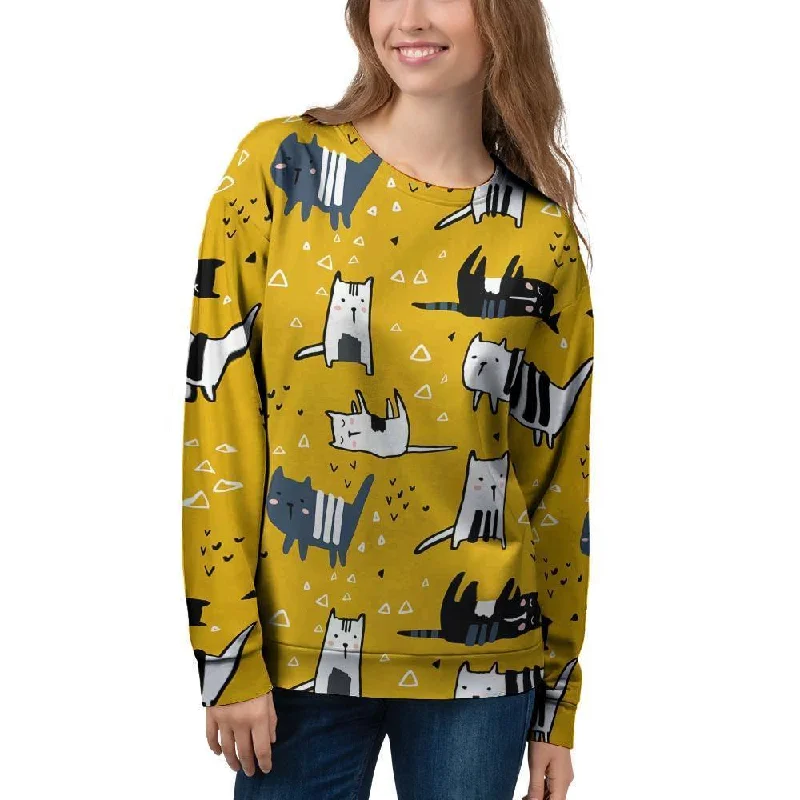 Yellow Doodle Cat Print Women's Sweatshirt Hoodie with Hem Lace Feminine Delicate