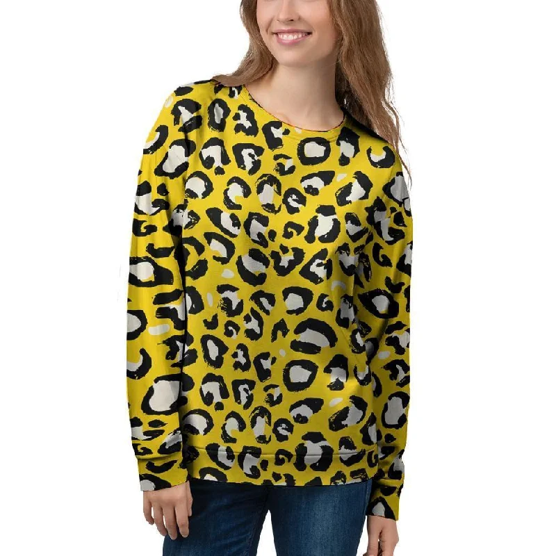 Yellow Leopard Women's Sweatshirt Hoodie with Side Slits Relaxed Casual