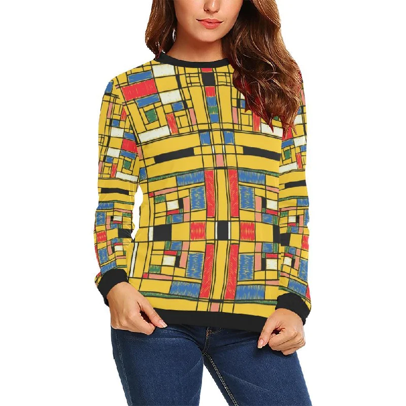 Yellow Mondrian Pattern Print Women Crewneck Sweatshirt Zip Hoodie Drawstring Kangaroo Pocket