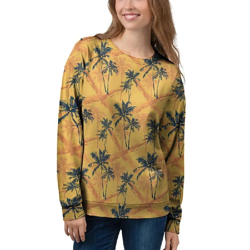 Yellow Palm Tree Hawaiian Print Women's Sweatshirt Hoodie with Magnetic Closure Innovative Modern