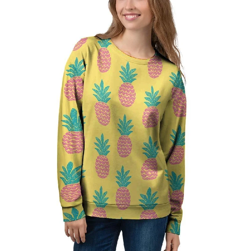 Yellow Pineapple Print Women's Sweatshirt Hoodie with Half-Zip Sporty Casual