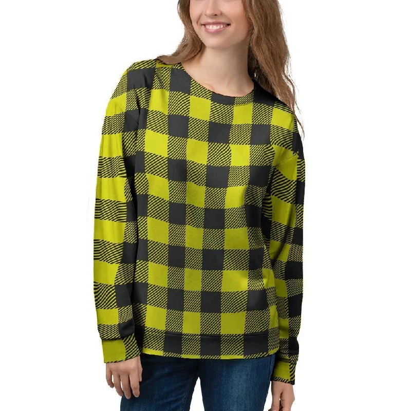 Yellow Plaid Women's Sweatshirt Hoodie with Exposed Zipper Edgy Industrial