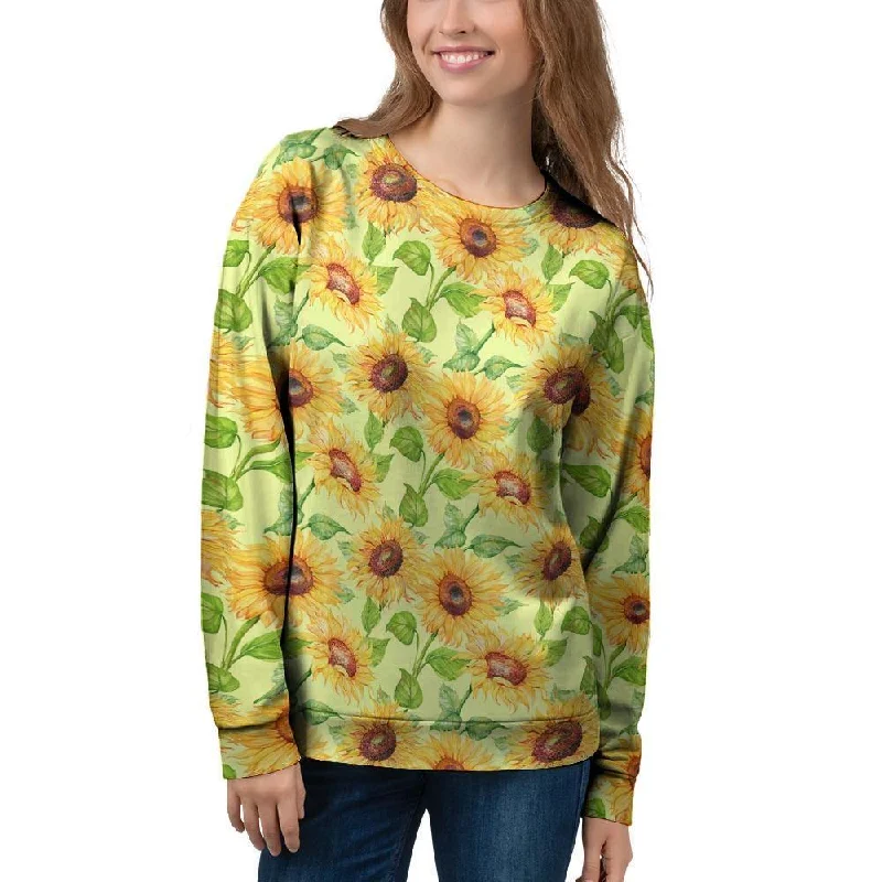 Yellow Sunflower Print Women's Sweatshirt Hoodie with Bell Sleeves Flared Feminine