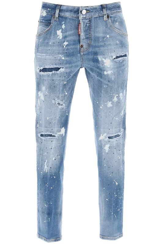 Cool Girl Jeans In Medium Ice Spots Wash  - Light Blue Casual Distressed Skinny Jeans