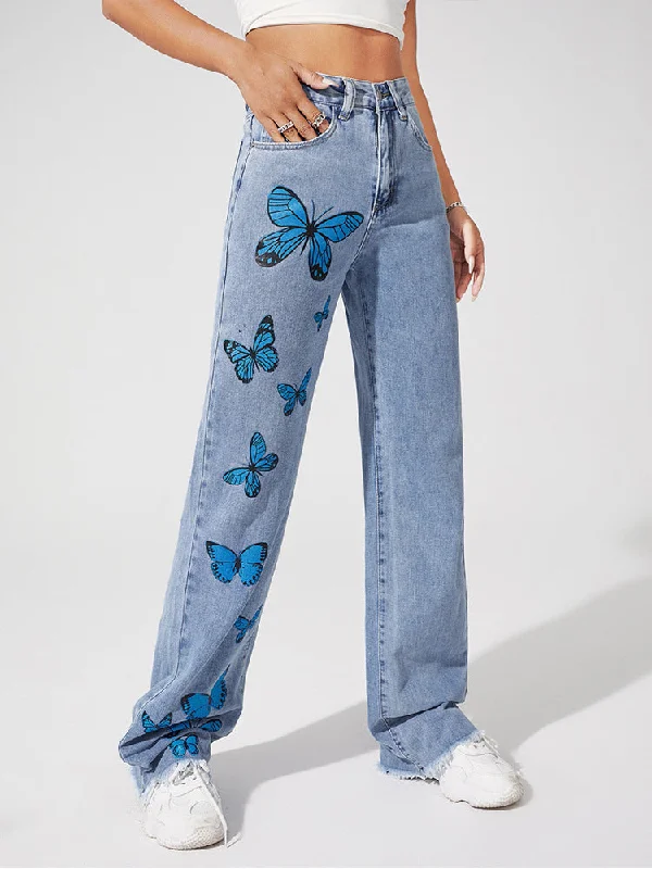 DressBetty - Blue Butterfly Straight Jeans Fashionable Raw Hemmed Jeans