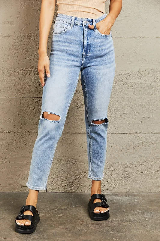 BAYEAS High Waisted Distressed Slim Cropped Jeans Fashionable Vintage Wash Jeans