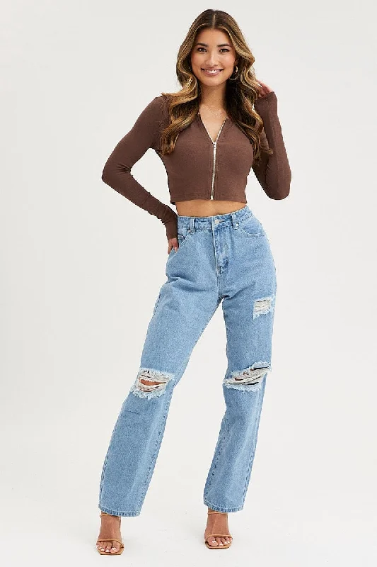 Blue Boyfriend Denim Jeans High Rise Fashionable Raw Hemmed Jeans